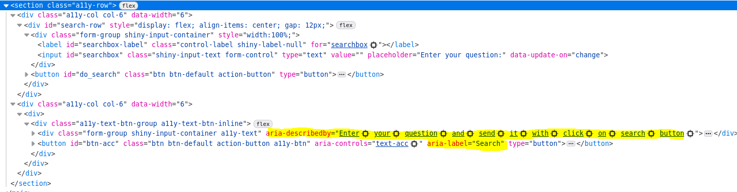 HTML of standard R Shiny and a11yShiny grouped input widgets
